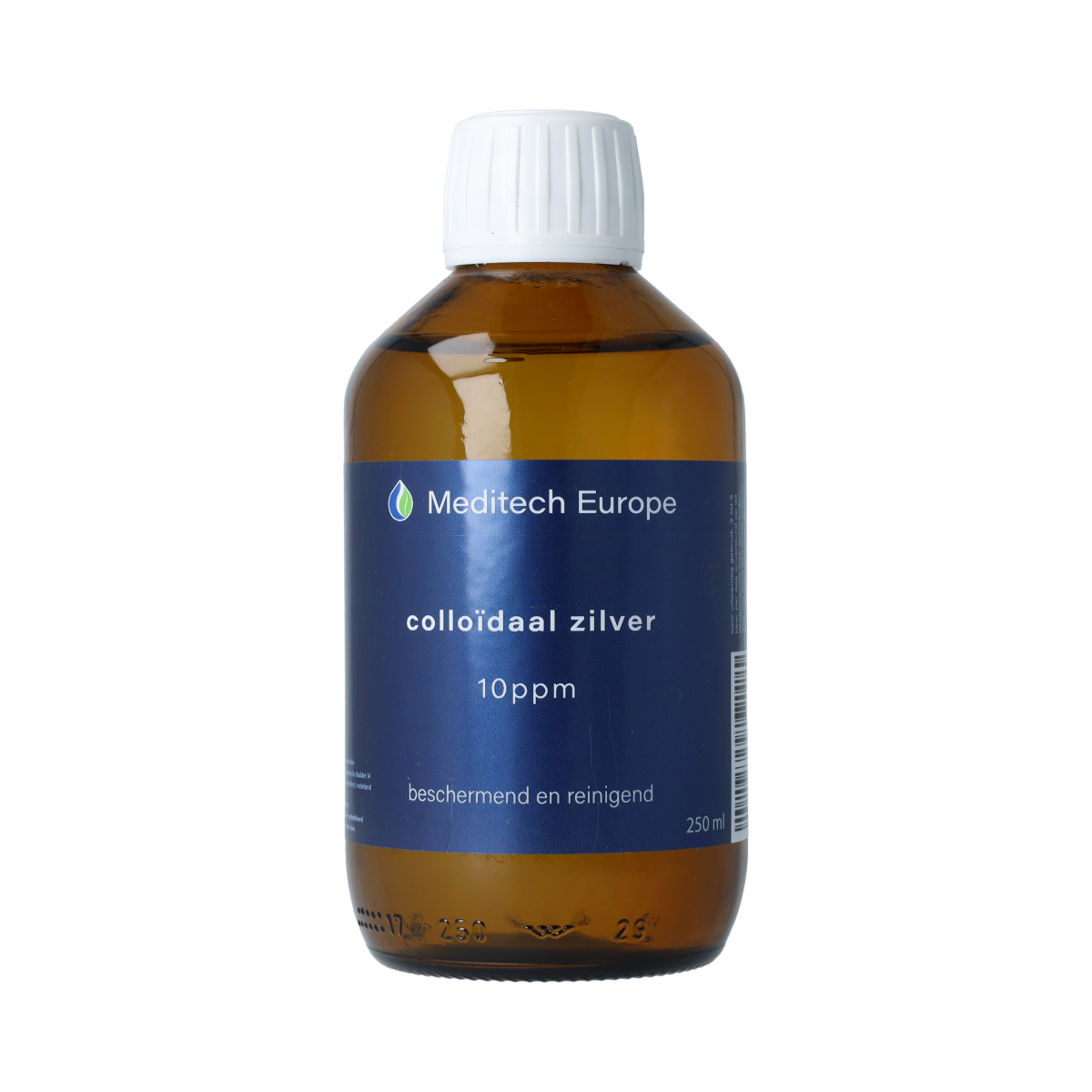 Meditech colloidal silver water in a 250ml bottle, used for body care, with clear liquid visible in the image.