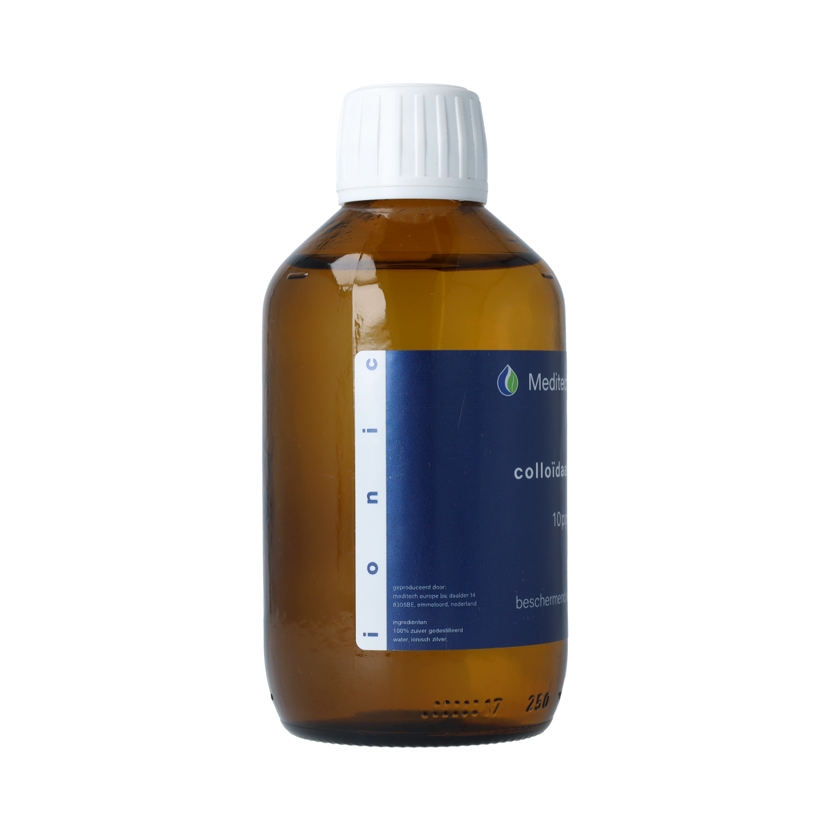 Meditech colloidal silver water bottle in 250ml plastic bottle, used for body care and natural health applications