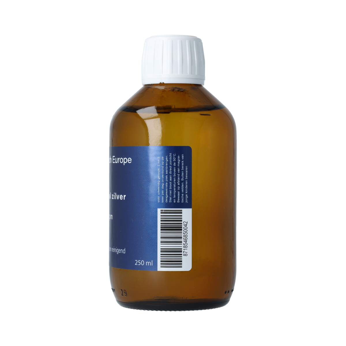 Meditech colloidal silver water in 250ml bottle, natural body care product with clear liquid and label visible.