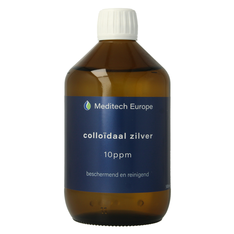 Meditech colloidal silver water in a 500ml bottle, used for body care, shown in a clear bottle with a white cap.