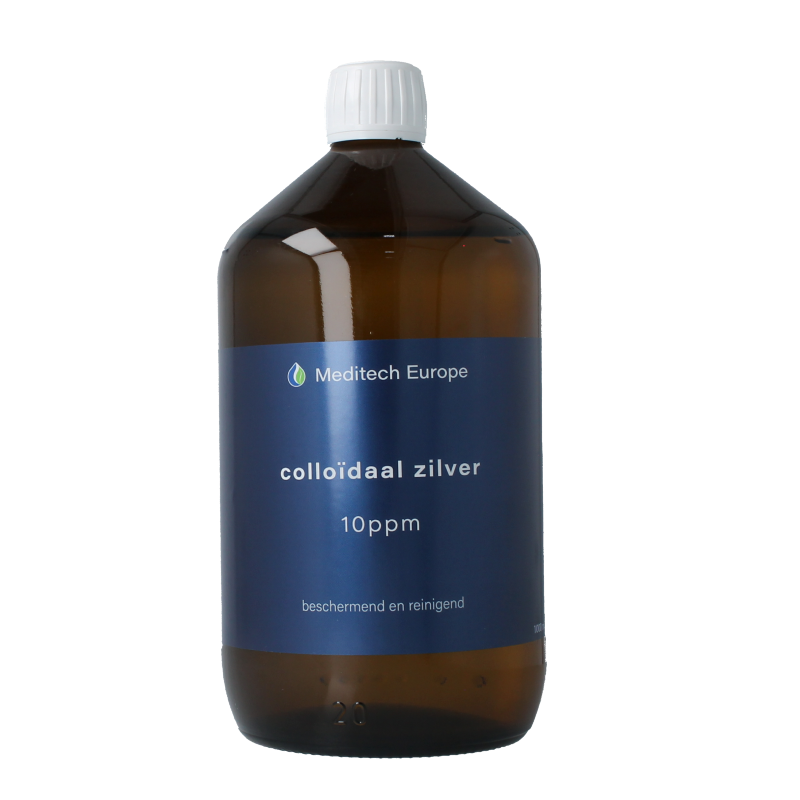 Meditech Colloidal Silver Water 1 Liter bottle for body care, clear liquid in a transparent container.