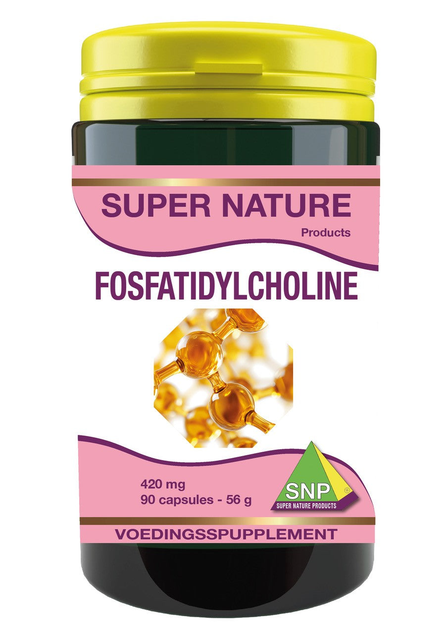 SNP Fosfatidylcholine 420mg capsules in a bottle, herbal supplement for cognitive health and liver support.