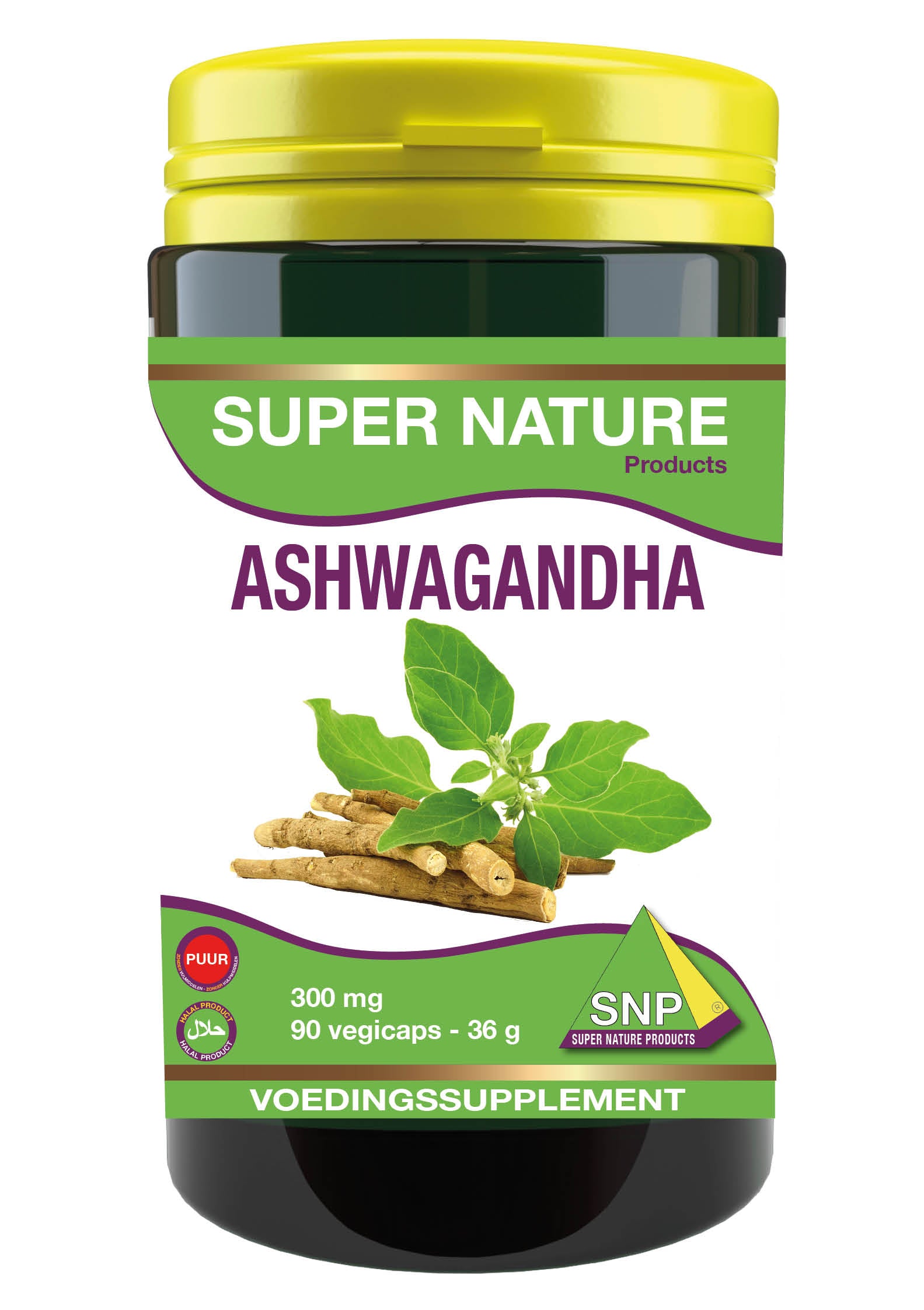 SNP Ashwagandha 300mg vegetarian capsules, herbal supplement in a bottle, natural plant-based herbal preparation.