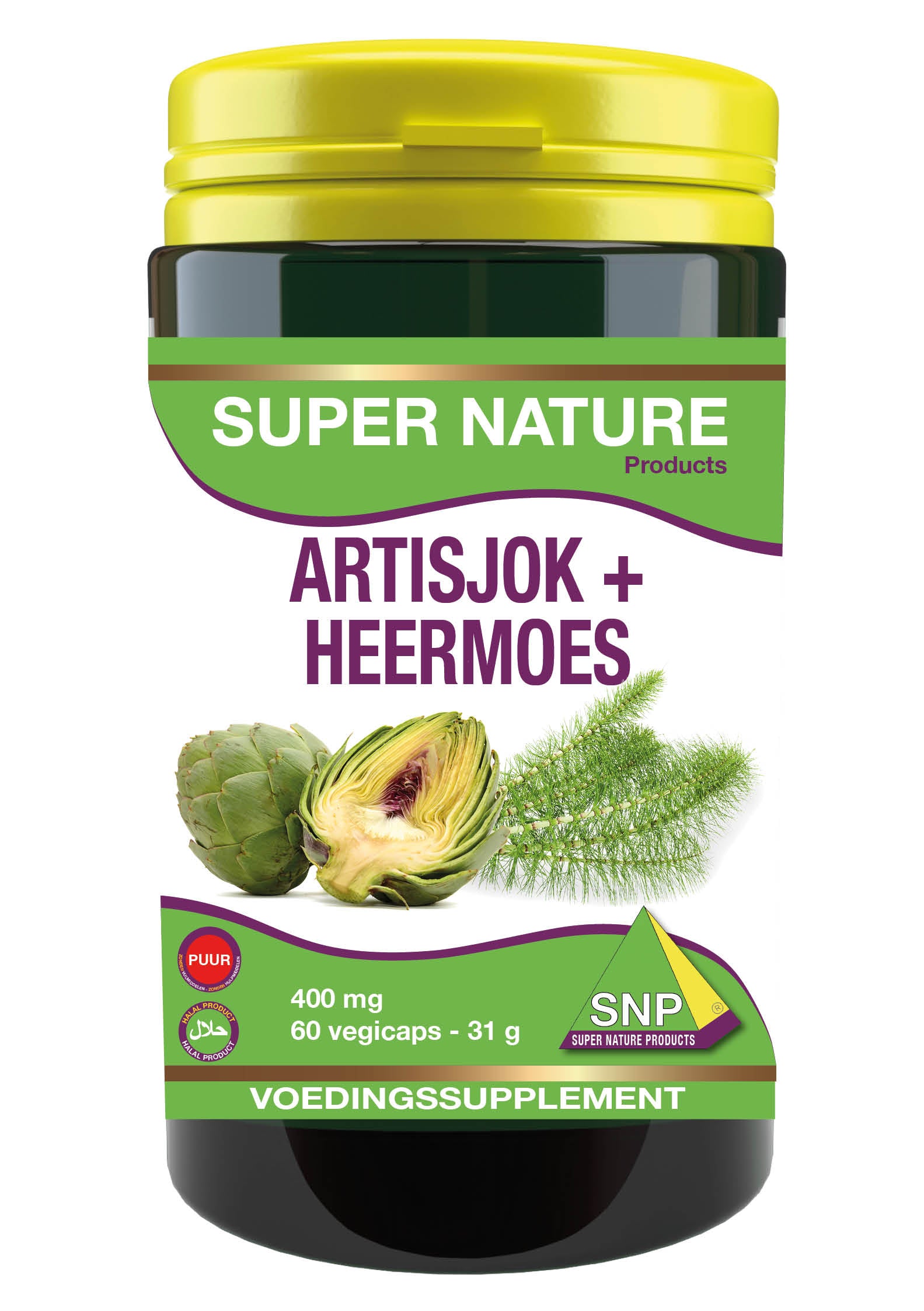 SNP Artisjok en heermoes puur herbal capsules in a clear bottle, showing the label and capsules inside.