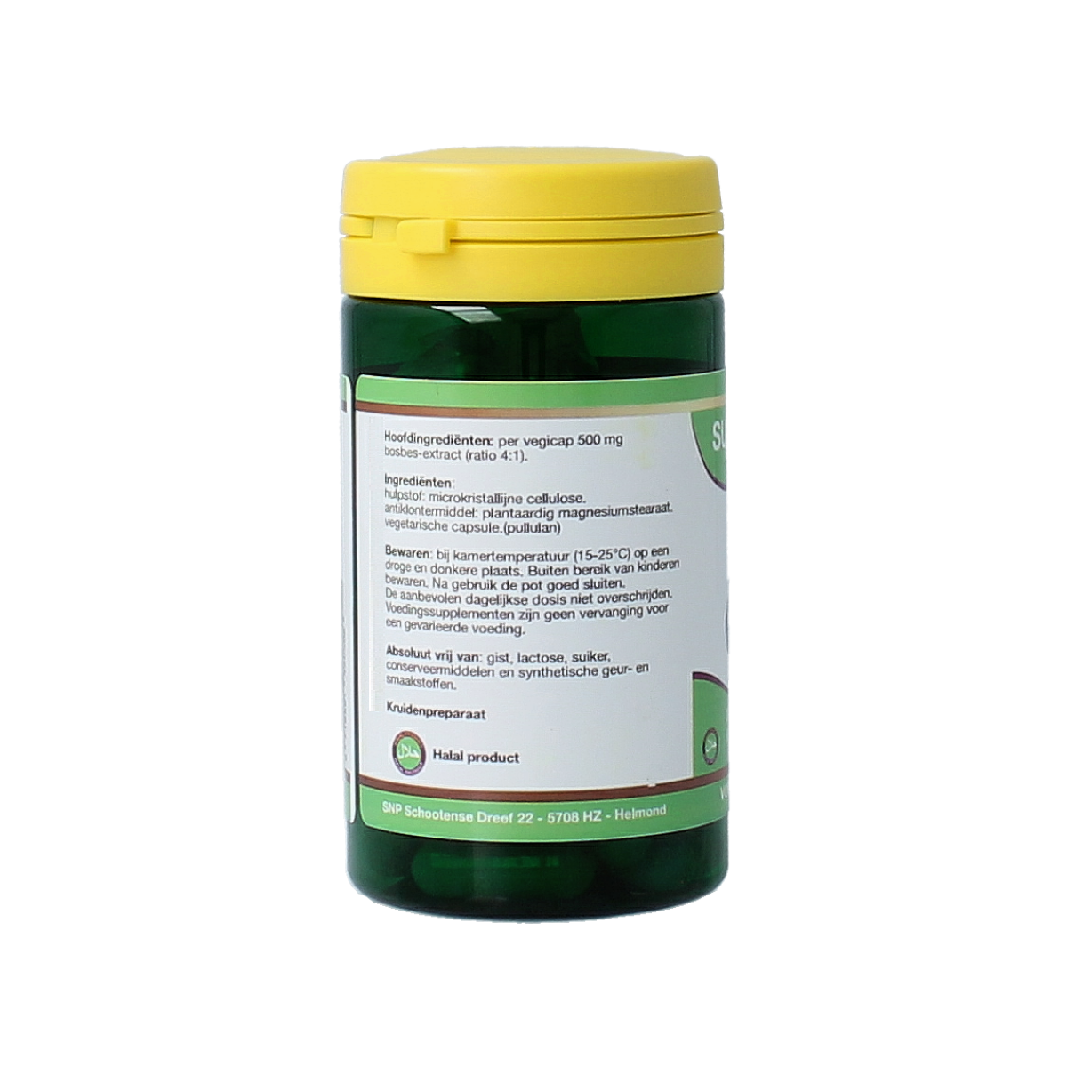 SNP Bosbes 2000 mg vegetarian capsules, herbal supplement with blue berry extract, in a clear bottle with capsules visible.