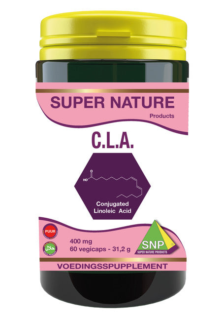 SNP C.L.A. 400 mg softgel capsules, dietary supplement with omega fatty acids, in a clear bottle with softgel capsules visible.