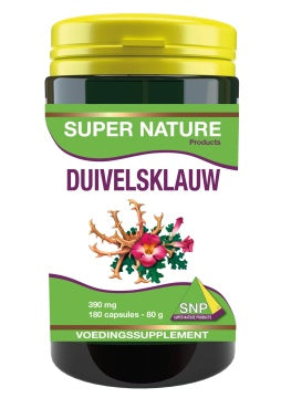 SNP Duivelsklauw capsules, herbal supplement with 390 mg per capsule, in a bottle of 180 capsules, natural herbal preparation.
