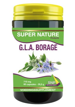 SNP GLA Borage Oil capsules, 710 mg, dietary supplement with omega fatty acids, shown in a bottle.