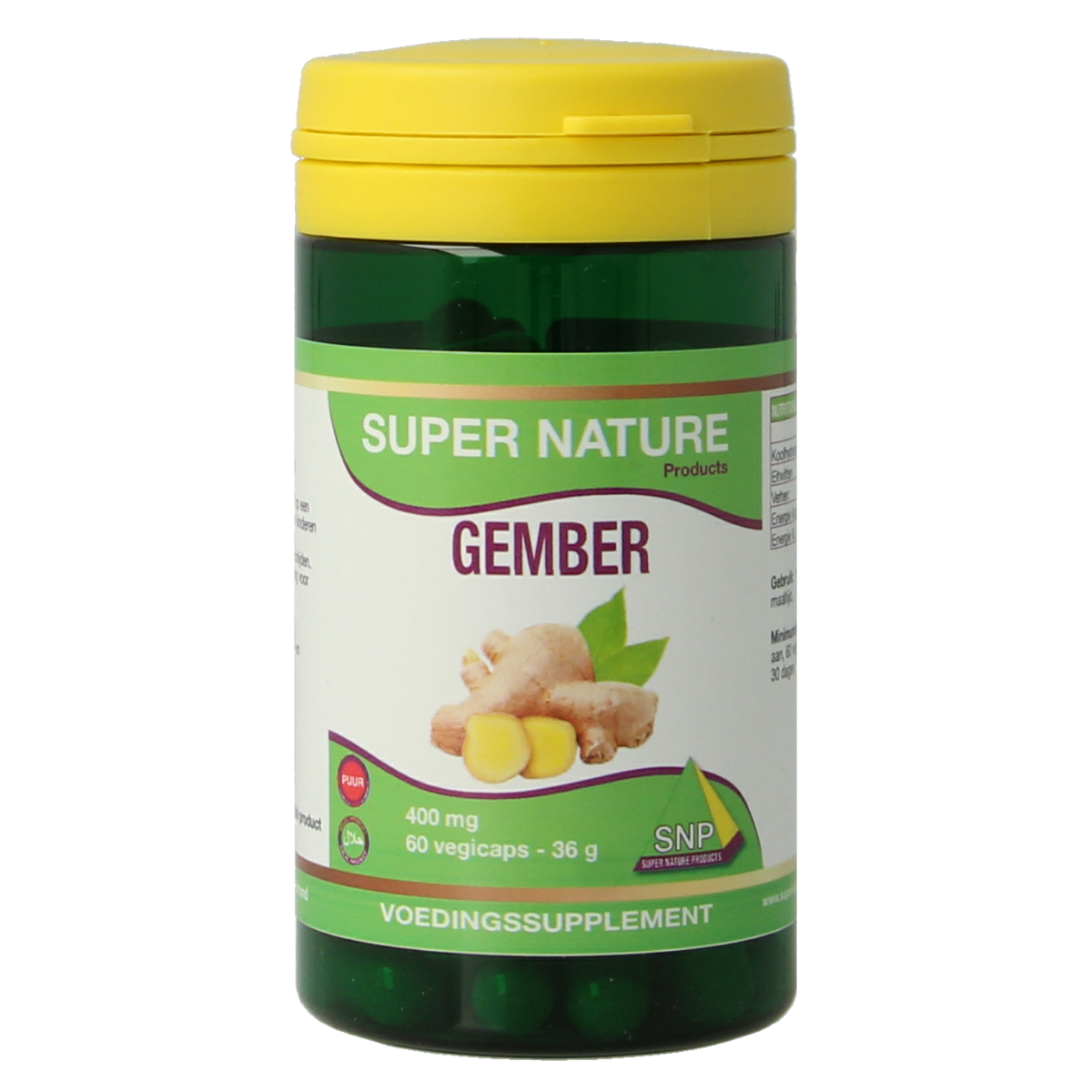 SNP Gember 400 mg vegetarian capsules in a bottle, herbal supplement for wellness, with a white label and green cap.