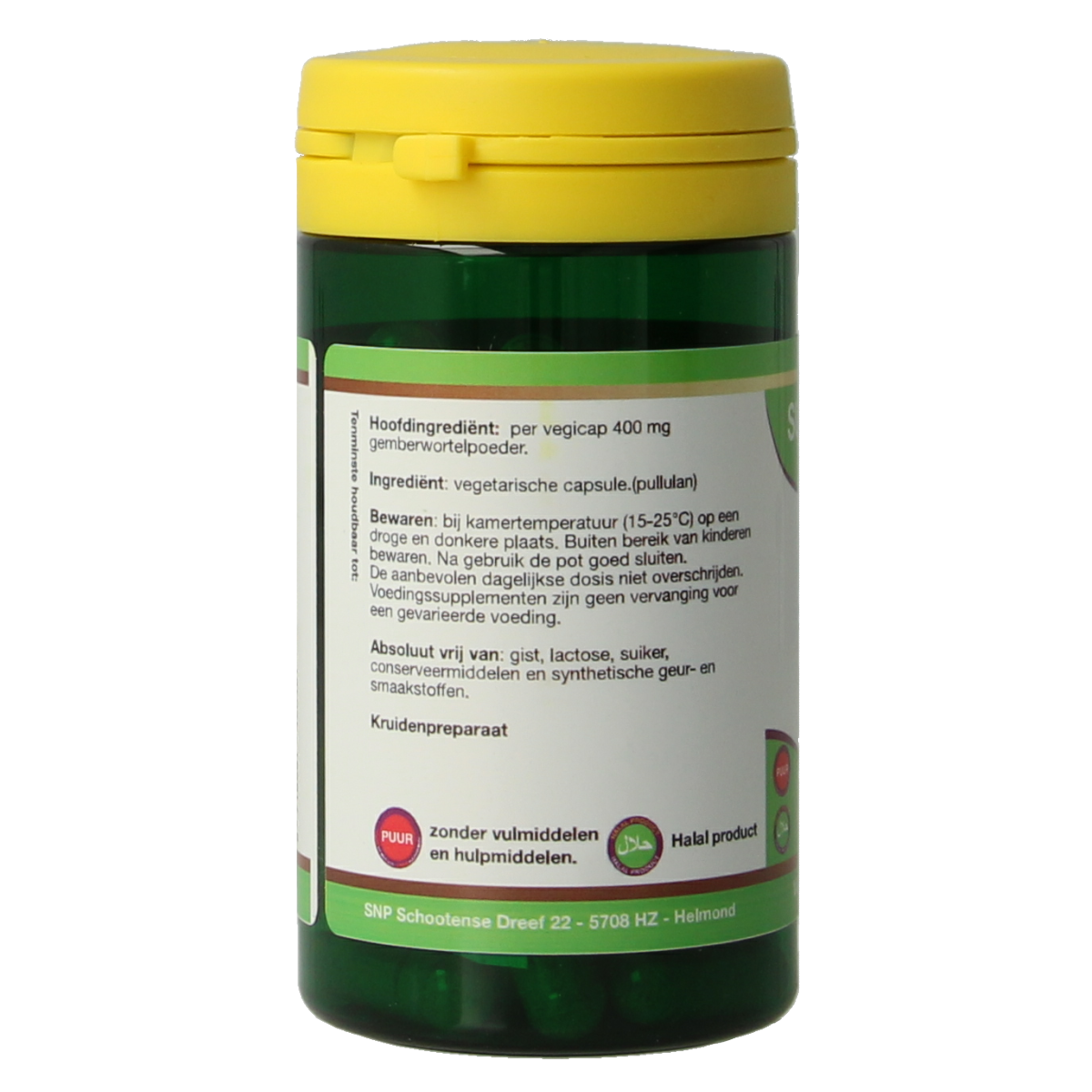 SNP Gember 400 mg vegetarian capsules in a bottle, herbal supplement for wellness and digestion.