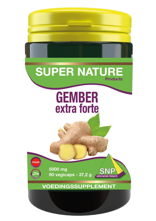 SNP Gember 5000mg puur herbal capsules in a clear bottle, vegetarian supplement for wellness, with ginger root imagery on label.