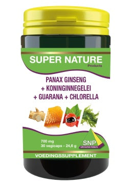 SNP Panax ginseng extract and royal jelly capsules, 700 mg, herbal supplement in a bottle with 30 capsules.