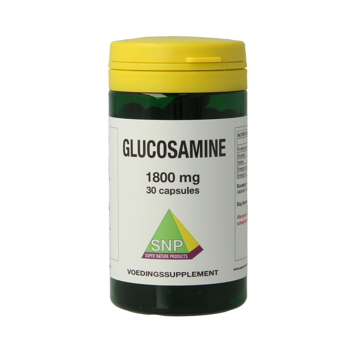 SNP Glucosamine 1800 mg mineral capsules in a white bottle with a label showing supplement details and dosage.