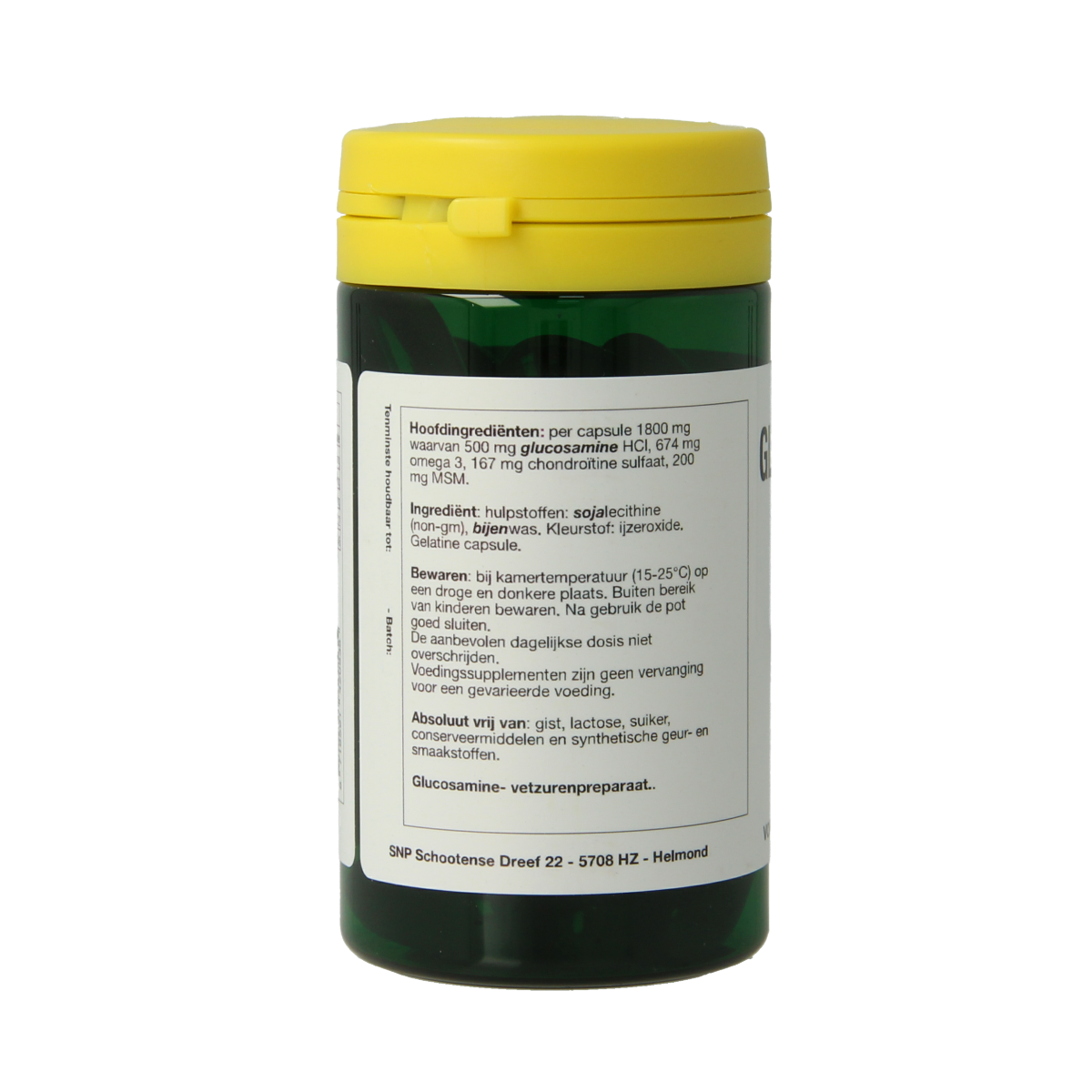 SNP Glucosamine 1800 mg mineral capsules, 30 count, displayed in a clear bottle with label highlighting joint support benefits.