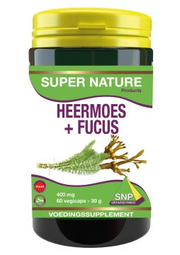 SNP Heermoes & Fucus 400 mg herbal capsules in a bottle, vegetarian supplement for natural health, shown in the image.