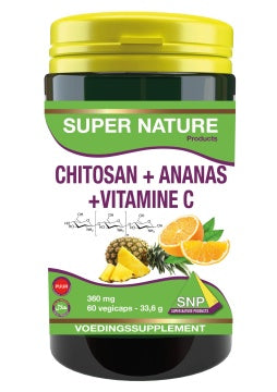 SNP Chitosan ananas vitamine C herbal supplement capsules in a bottle, featuring a label with fruit imagery and product details.