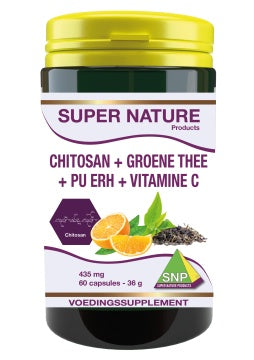 SNP Chitosan, groene thee, pu erh thee, en vitamine C capsules in een open doos, kruidenpreparaten voor gezondheidsondersteuning
