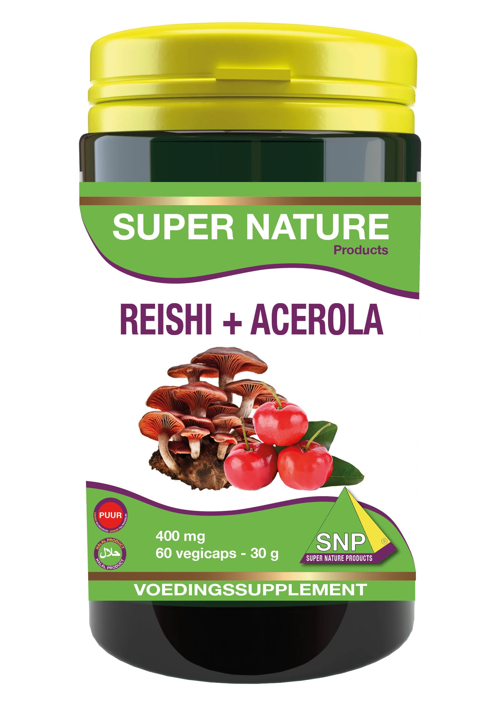 SNP Reishi acerola 400 mg puur herbal supplement capsules in a bottle, natural health product for immune support.