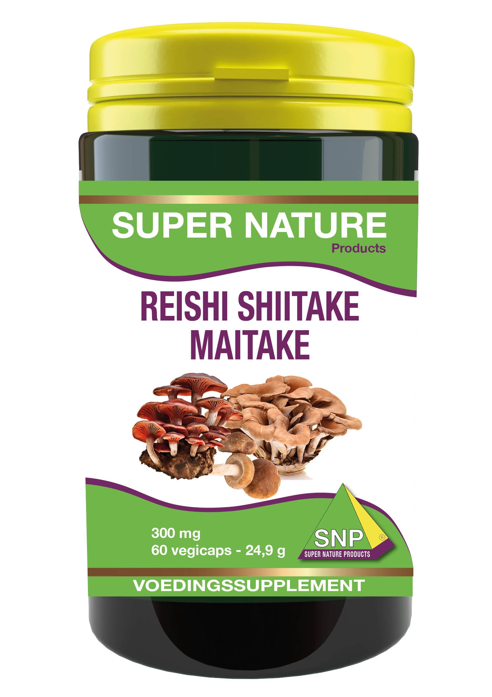 SNP Reishi, Shiitake, Maitake mushroom supplement in 60 vegetarian capsules, herbal product for immune support.