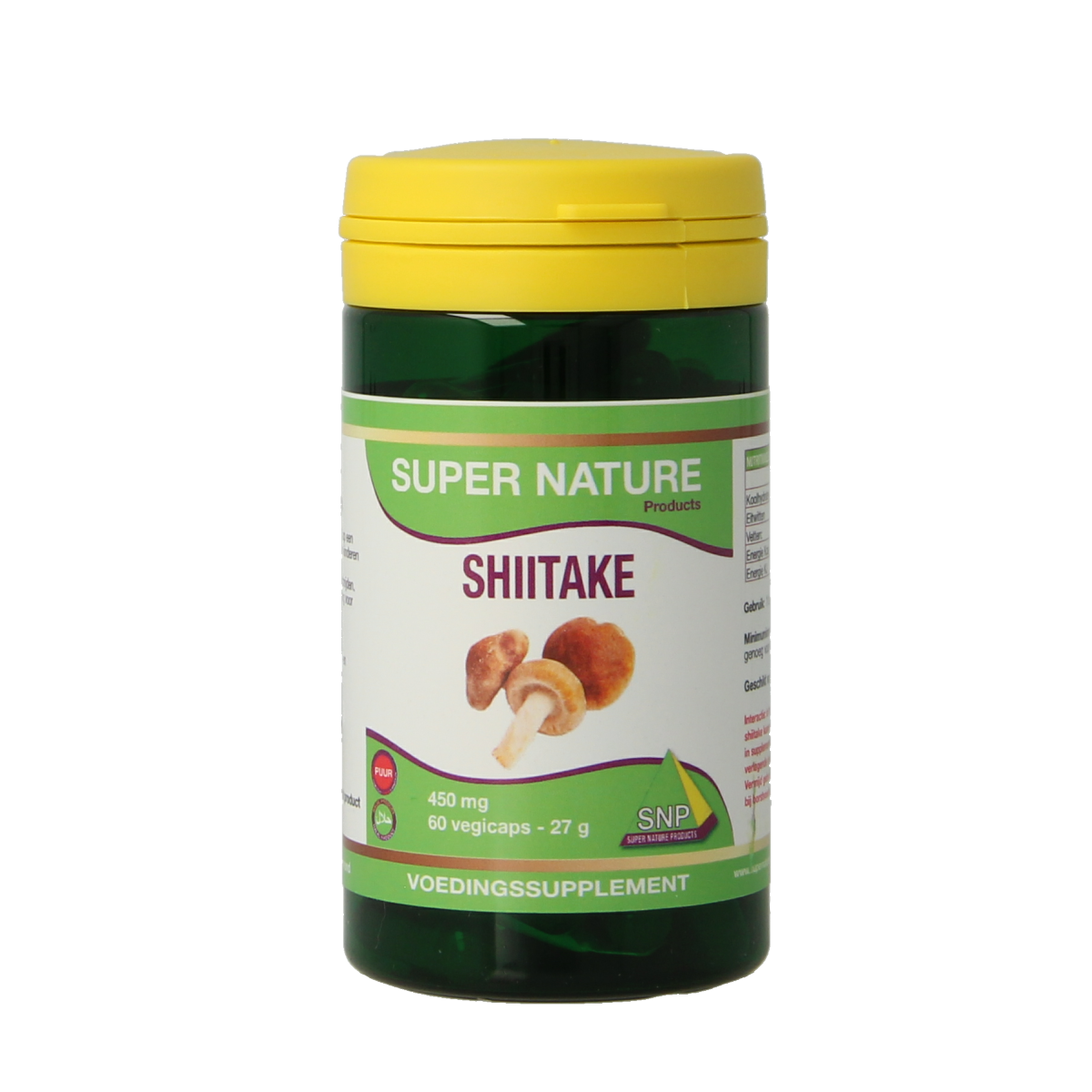 SNP Shiitake 450mg vegetarian herbal capsules in a clear bottle, shown alongside the product label.