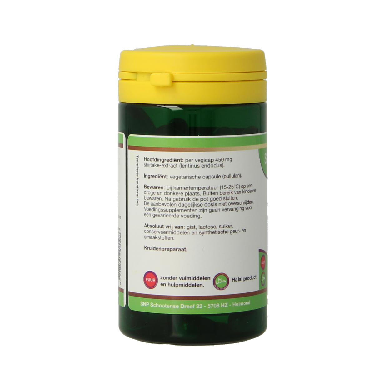 SNP Shiitake 450mg herbal capsules, vegetarian supplement in a clear bottle with a white cap and label.