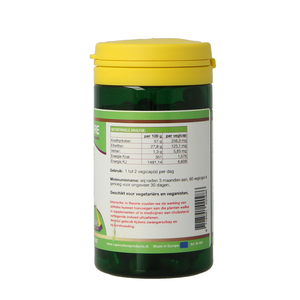 SNP Shiitake 450mg vegetarische capsules, kruidenpreparaat, 60 stuks, in een open doos met capsules zichtbaar