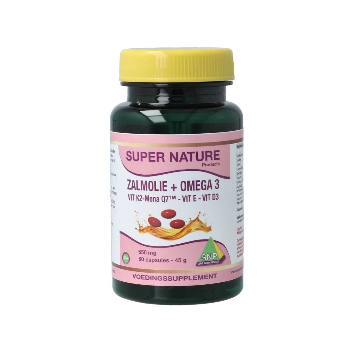 SNP Zalmolie vitamin K2, Q7, D3, and E capsules, fish oil supplement with 60 capsules, natural omega-3 fatty acids.