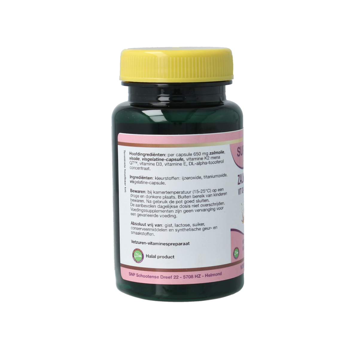 SNP Zalmolie capsules with vitamin K2, Q7, D3, and E in a white bottle, showing the product label and capsules inside.