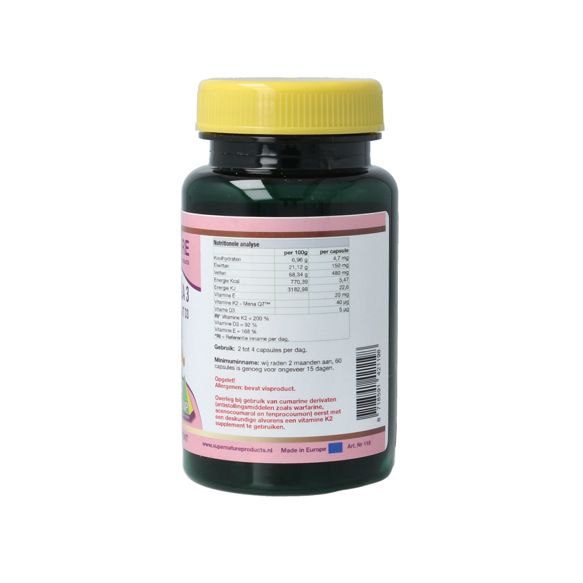 SNP Zalmolie and vitamins K2, D3, E, and Q7 in 60 capsules, omega-rich vet supplements with salmon oil and nutrient blend