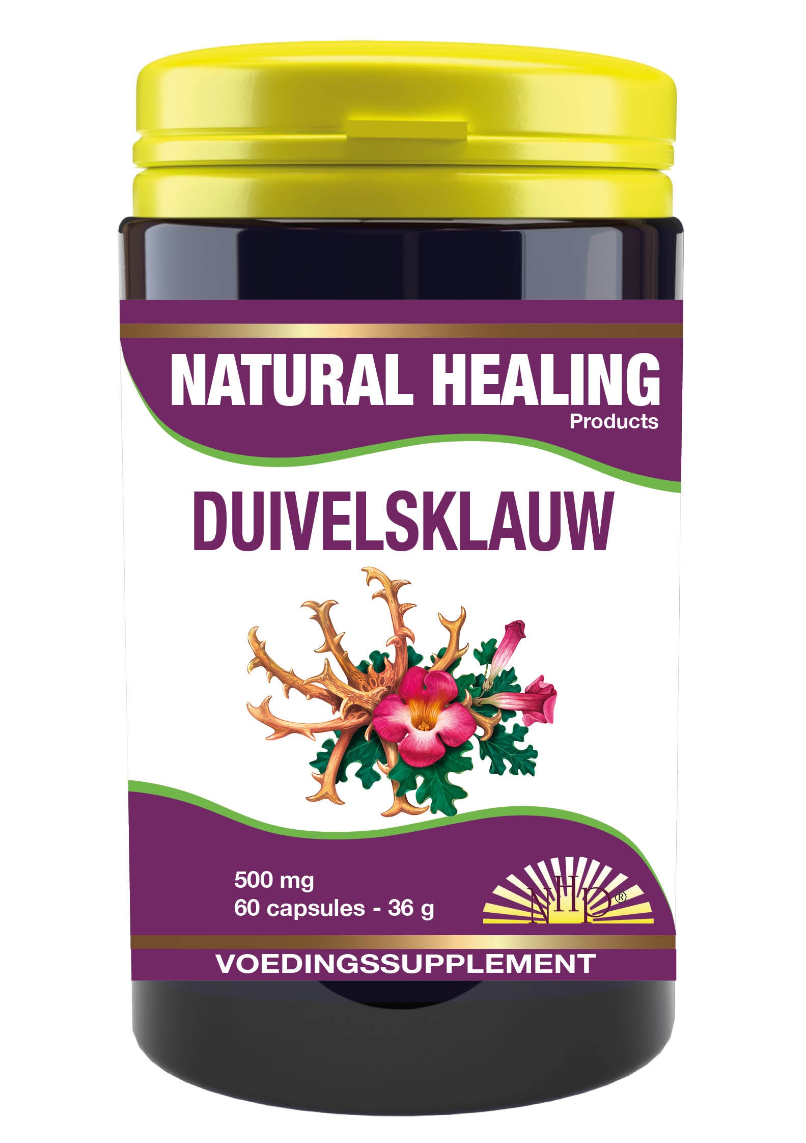 NHP Duivelsklauw 500mg herbal capsules, 60-count, natural herbal supplement for joint and muscle support.