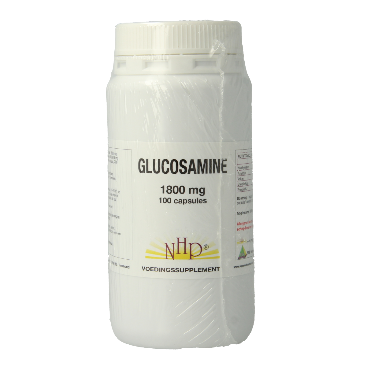 NHP Glucosamine 1800mg mineral supplement capsules, 100-count, showing white capsules in a bottle on a white background