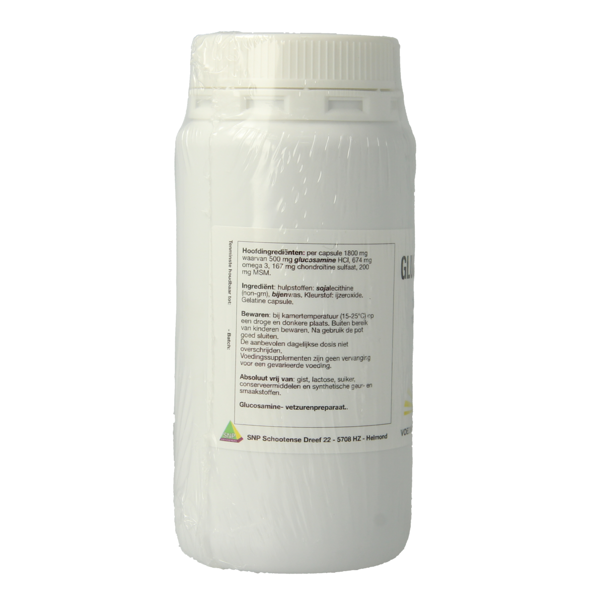 NHP Glucosamine 1800mg mineral supplement capsules in a bottle, designed for joint support and health.