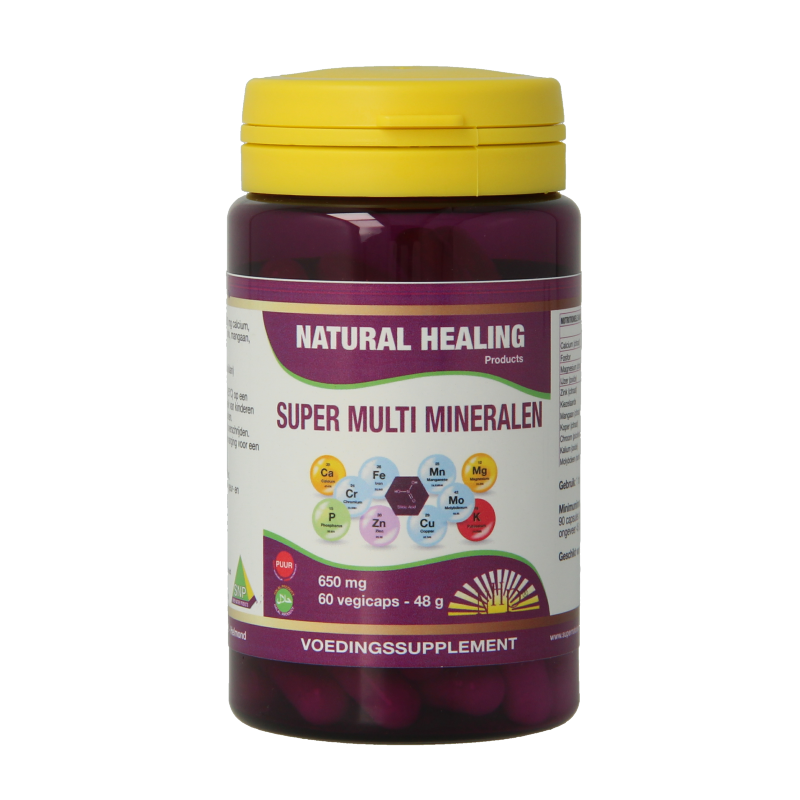 NHP Super Multi Mineralen 650mg puur vegetarian capsules, showing 60 softgel capsules in a clear container.
