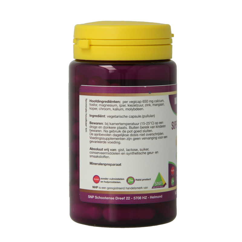 NHP Super Multi Mineralen 650mg pure, vegetarian capsules showing 60 capsules in a clear container.