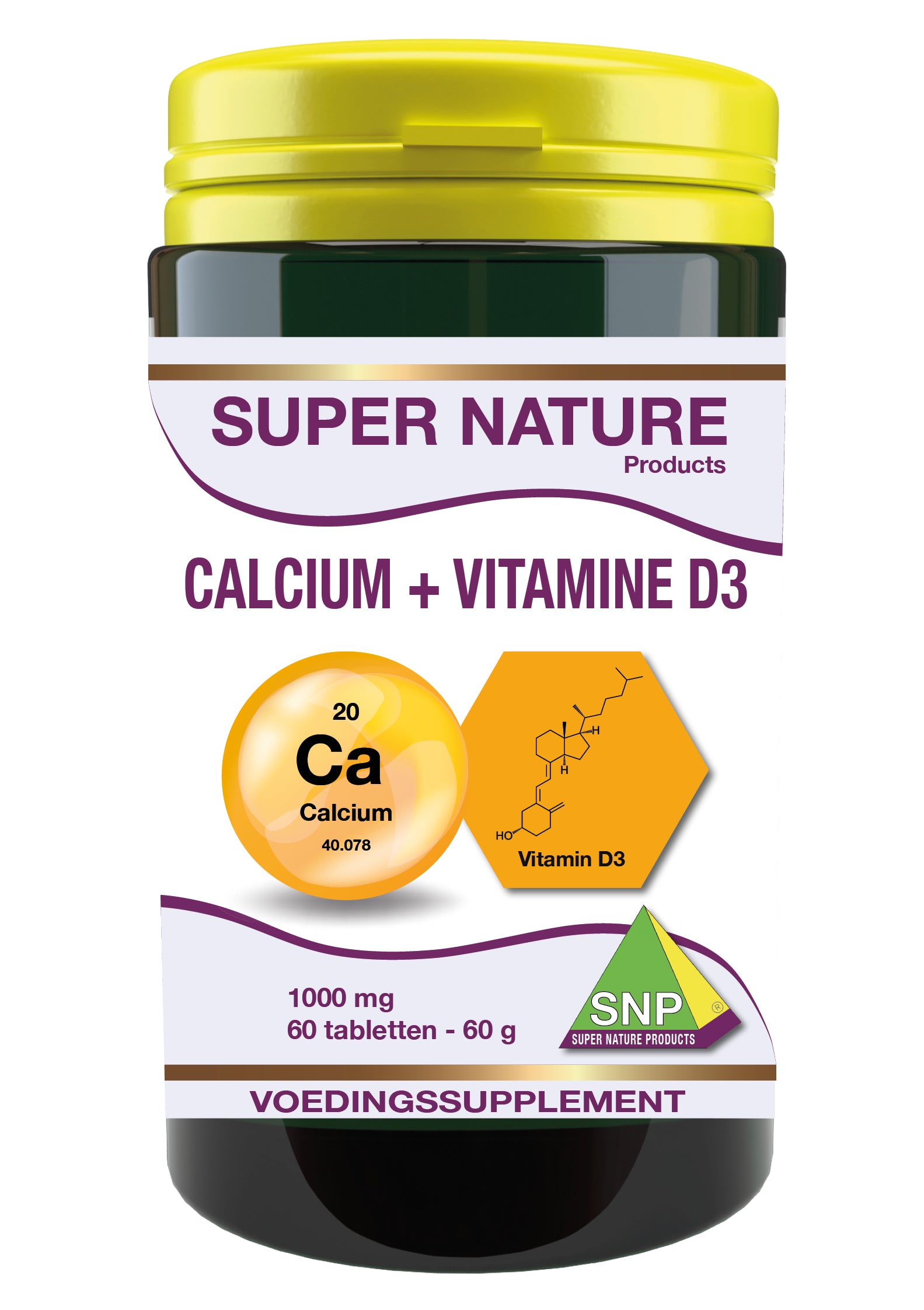 SNP Calcium and vitamin D3 1000 mg mineral supplement bottles with 60 tablets, showing the product label and tablets inside