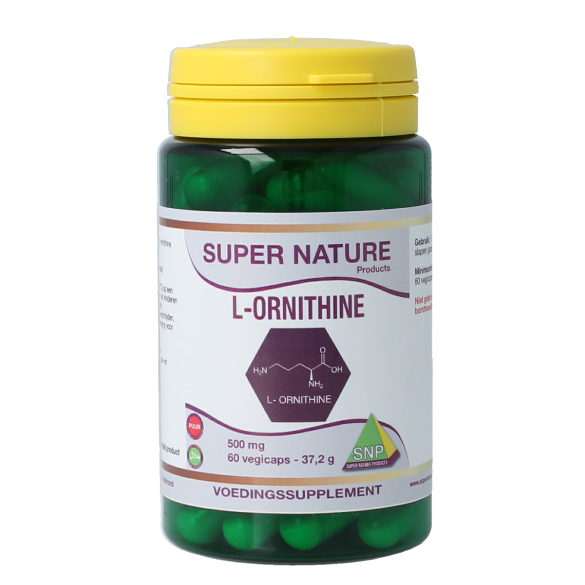 SNP L-Ornithine 500mg pure vegetarian capsules, close-up of the supplement bottle with capsules inside.