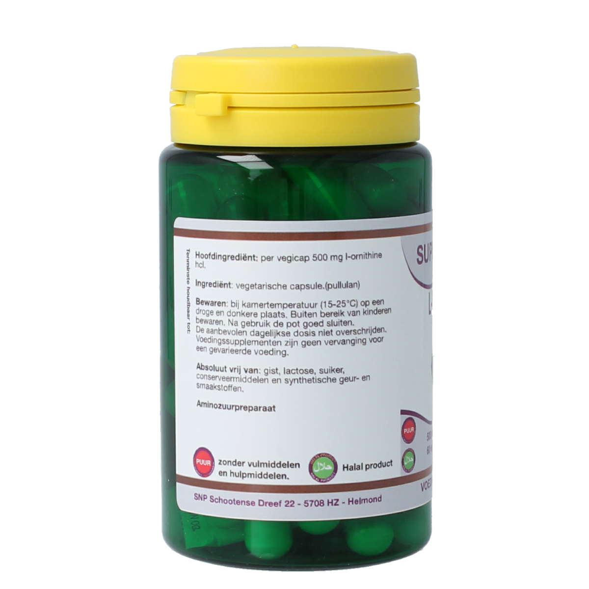 SNP L-Ornithine 500mg pure vegetarian capsules, 60 count, dietary amino acids supplement in clear bottle with label.