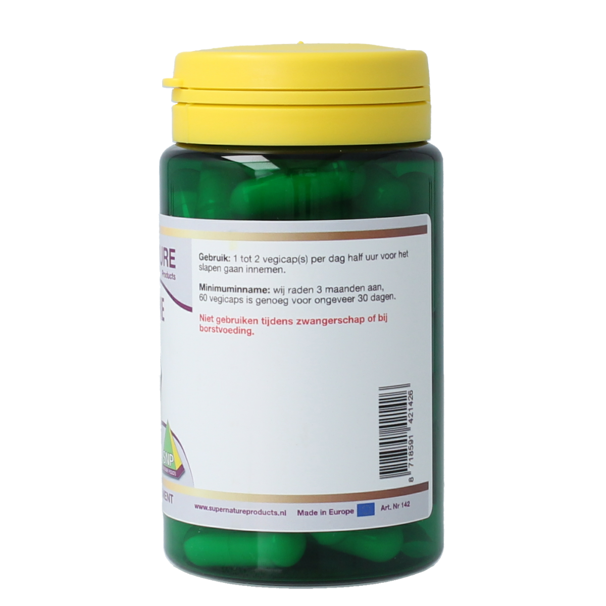 SNP L-Ornithine 500mg pure vegetarian capsules, close-up of the supplement bottle with capsules inside
