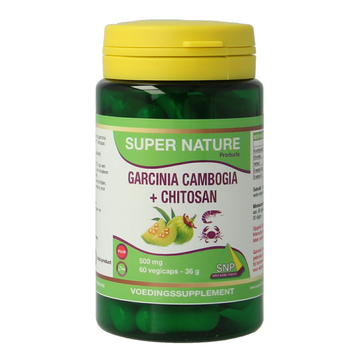 SNP Garcinia cambogia and chitosan vegetarian capsules, 500mg, in a bottle with label showing product details.