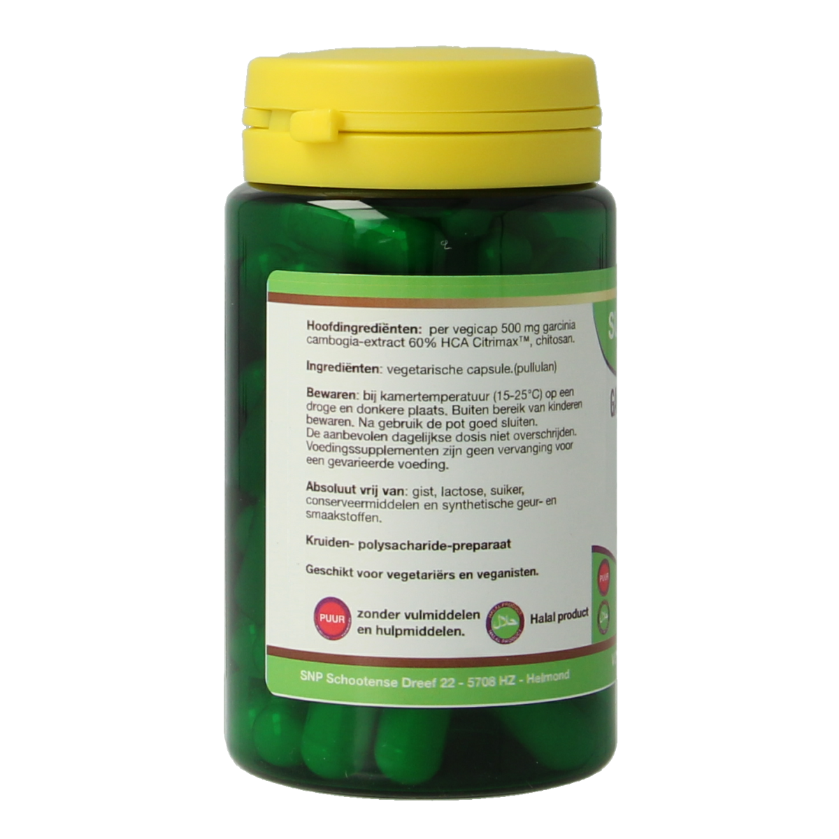 SNP Garcinia cambogia and chitosan vegetarian capsules, 500mg, in a clear bottle with a white label.