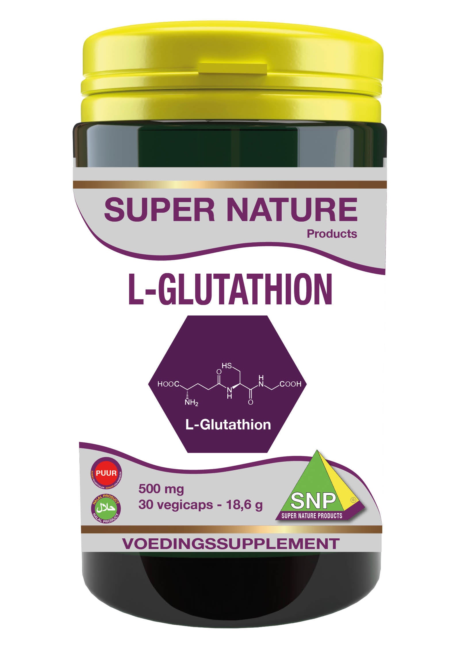 SNP L-Glutathion 500mg pure capsules, amino acids supplement, close-up of 30 capsules in a bottle.