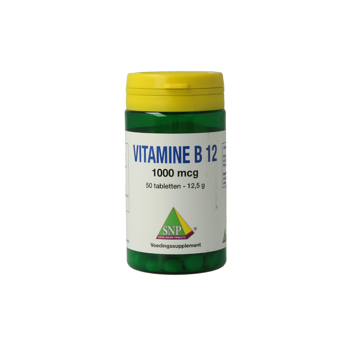 SNP Vitamin B12 1000 mcg tablets, natural supplement in a white bottle with 50 tablets, shown on a plain background.