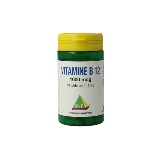 SNP Vitamin B12 1000 mcg tablets, natural supplement in a white bottle with 50 tablets, shown on a plain background.