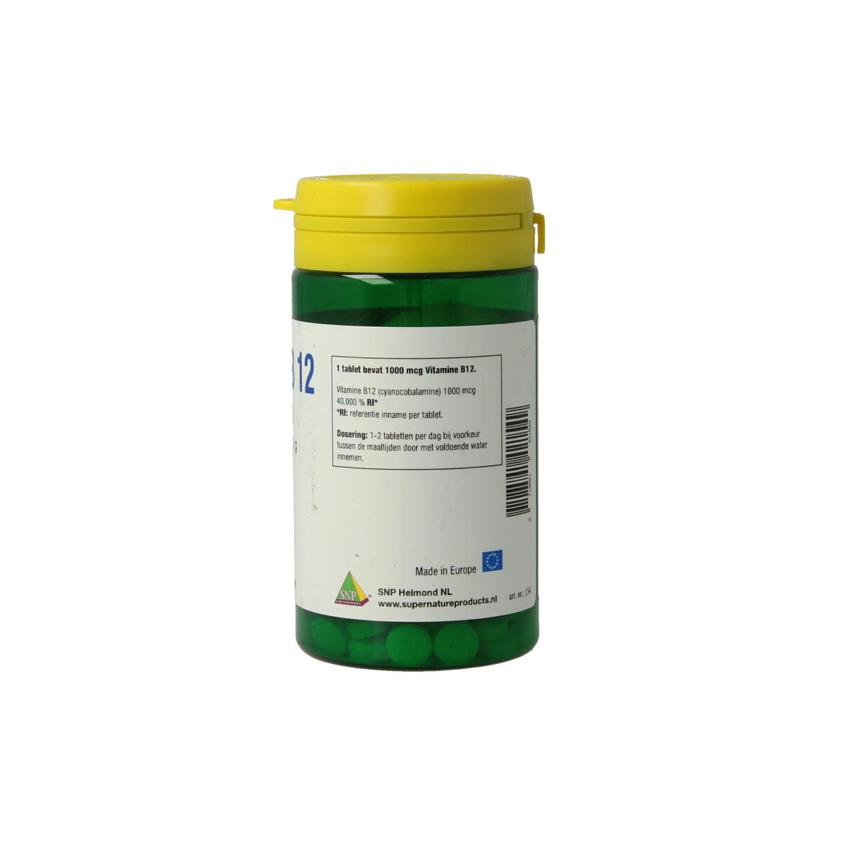 SNP Vitamin B12 1000 mcg tablets, natural supplement, showing a bottle of 50 tablets, designed to support energy and vitality.