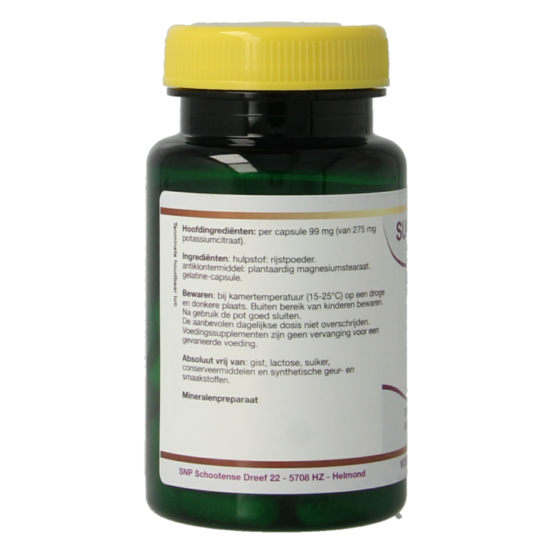 SNP Potassium Citraat 275mg mineral supplement in 60 capsules, showing the bottle and label on a white background.