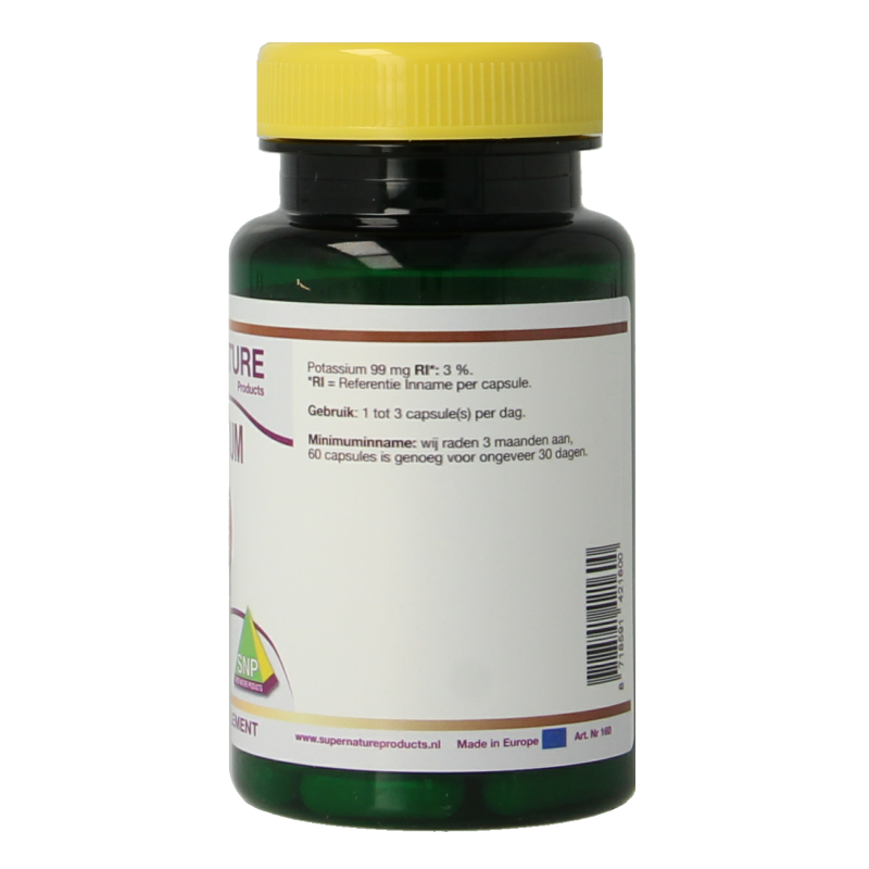 SNP Potassium Citraat 275mg mineral supplement capsules in a bottle, designed to support electrolyte balance and hydration.