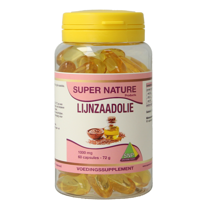 SNP Lijnzaadolie 1000mg capsules, a dietary supplement with omega fatty acids, shown in a bottle with 60 capsules.