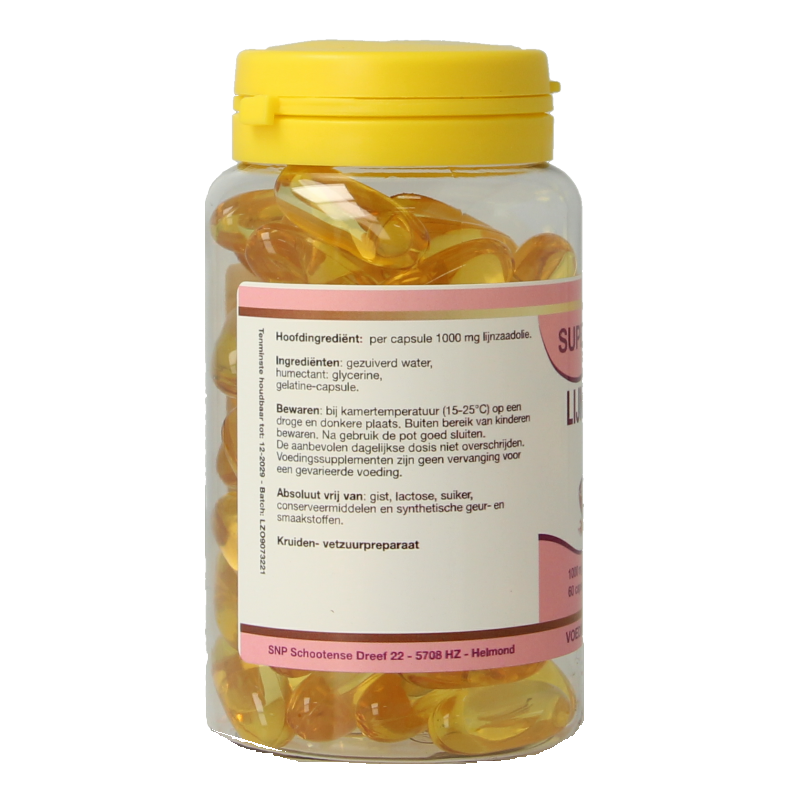 SNP lijnzaadolie 1000mg capsules, dietary supplement with healthy fatty acids, shown in a bottle with 60 capsules.