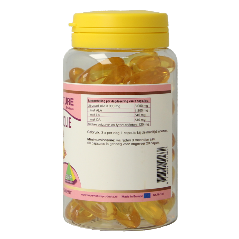 SNP Lijnzaadolie 1000mg capsules, vegan omega-3 supplement, with 60 softgel capsules for healthy fatty acids intake.