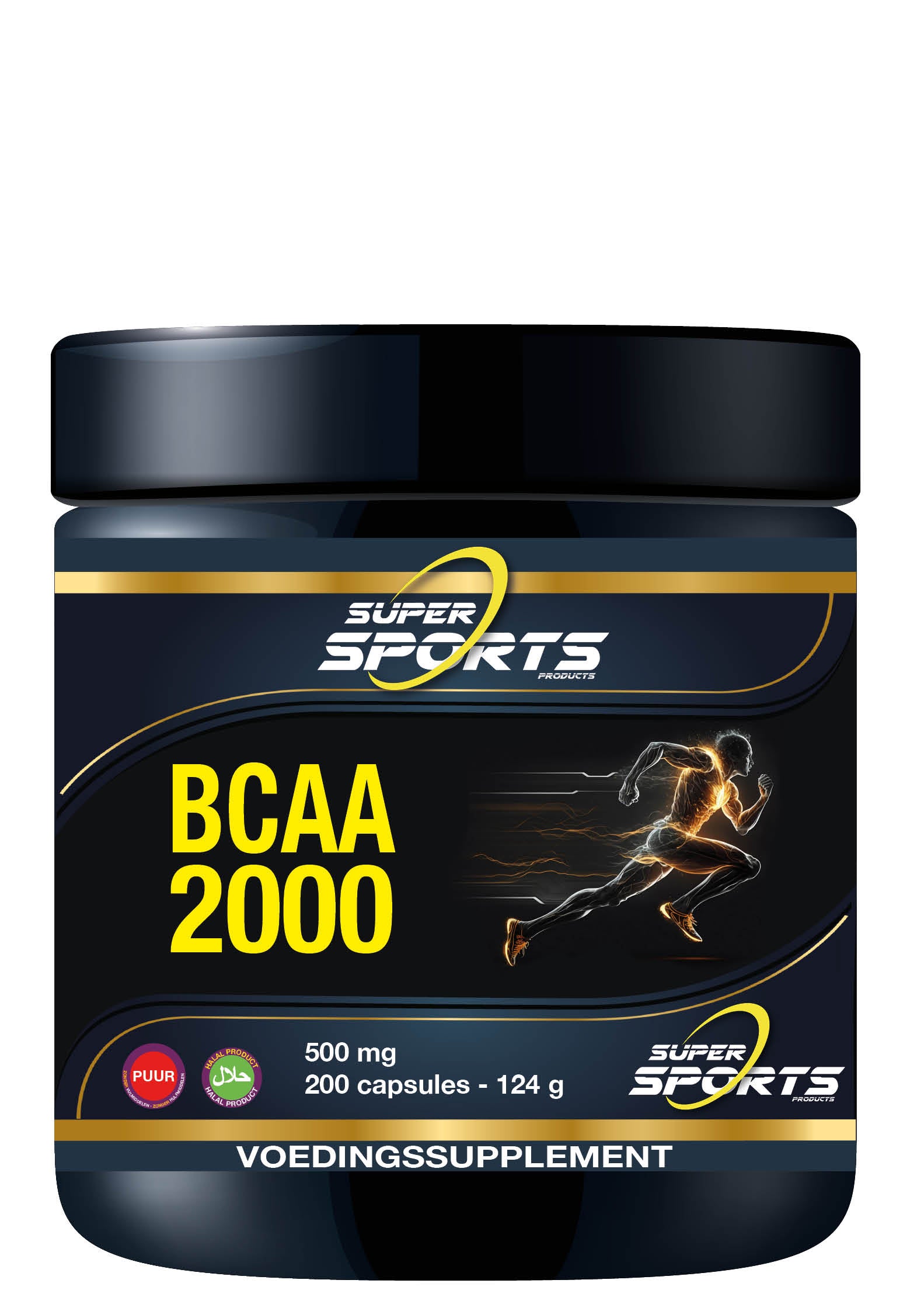SNP BCAA 2000 puur amino acid supplement in a bottle of 200 capsules, showing the product label and capsules inside